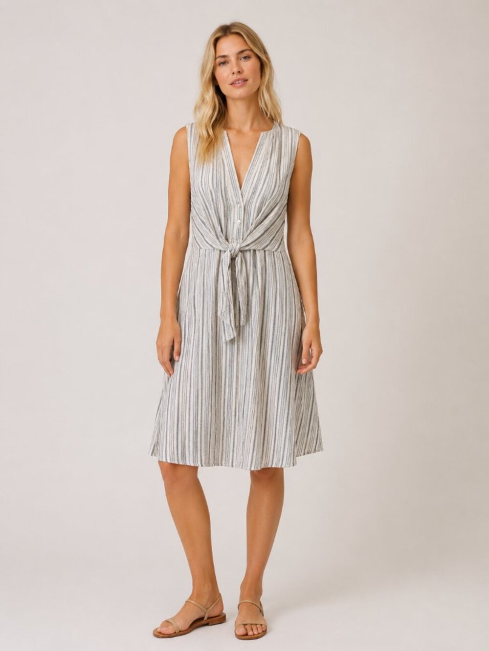 2/$30 TAHARI Nautical Stripe Linen Cinched A-Line Dress White Navy XS #A4282
